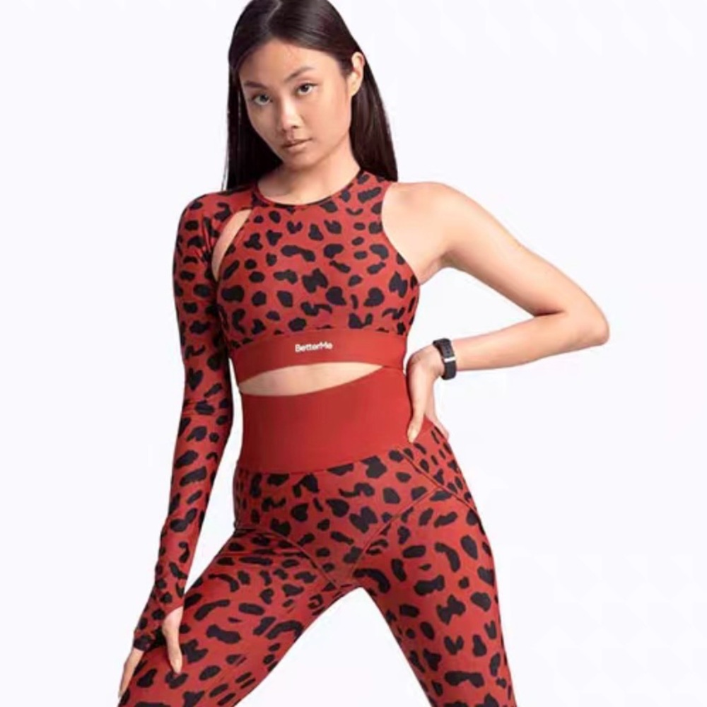 BetterMe One-Shoulder Long Sleeve Cutout Cropped Leopard Print Workout Top